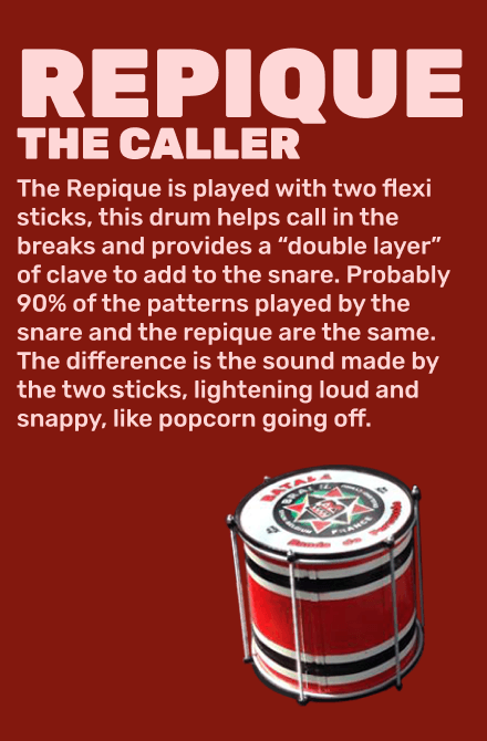 Repique: The Caller The Repique is played with two flexi sticks, this drum helps call in the breaks and provides a “double layer” of clave to add to the snare. Probably 90% of the patterns played by the snare and the repique are the same. The difference is the sound made by the two sticks, lightening loud and snappy, like popcorn going off.